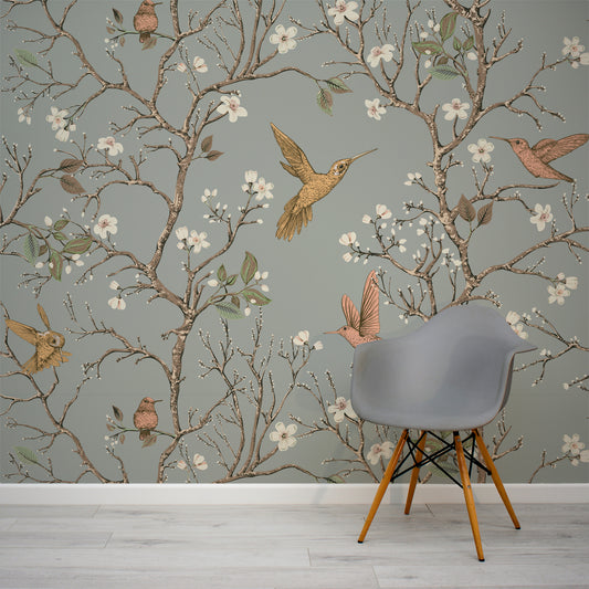 Songbird Serenade wallpaper in living room with small wooden childrens chair 