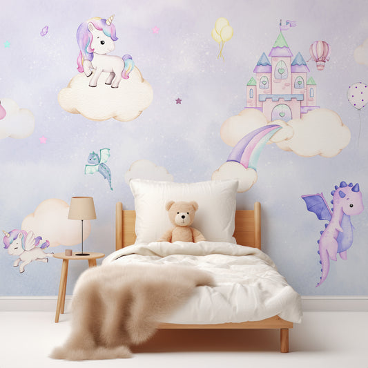 Sparkle Skies Wallpaper In Children's Bedroom With White Bed And Fluffy Beige Blanket With Teddy Bear In The Bed