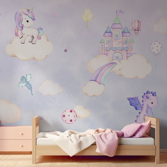 Sparkle Skies Wallpaper In Small Room With Pink Single Bed With Wooden Frame And Wooden Cabinet