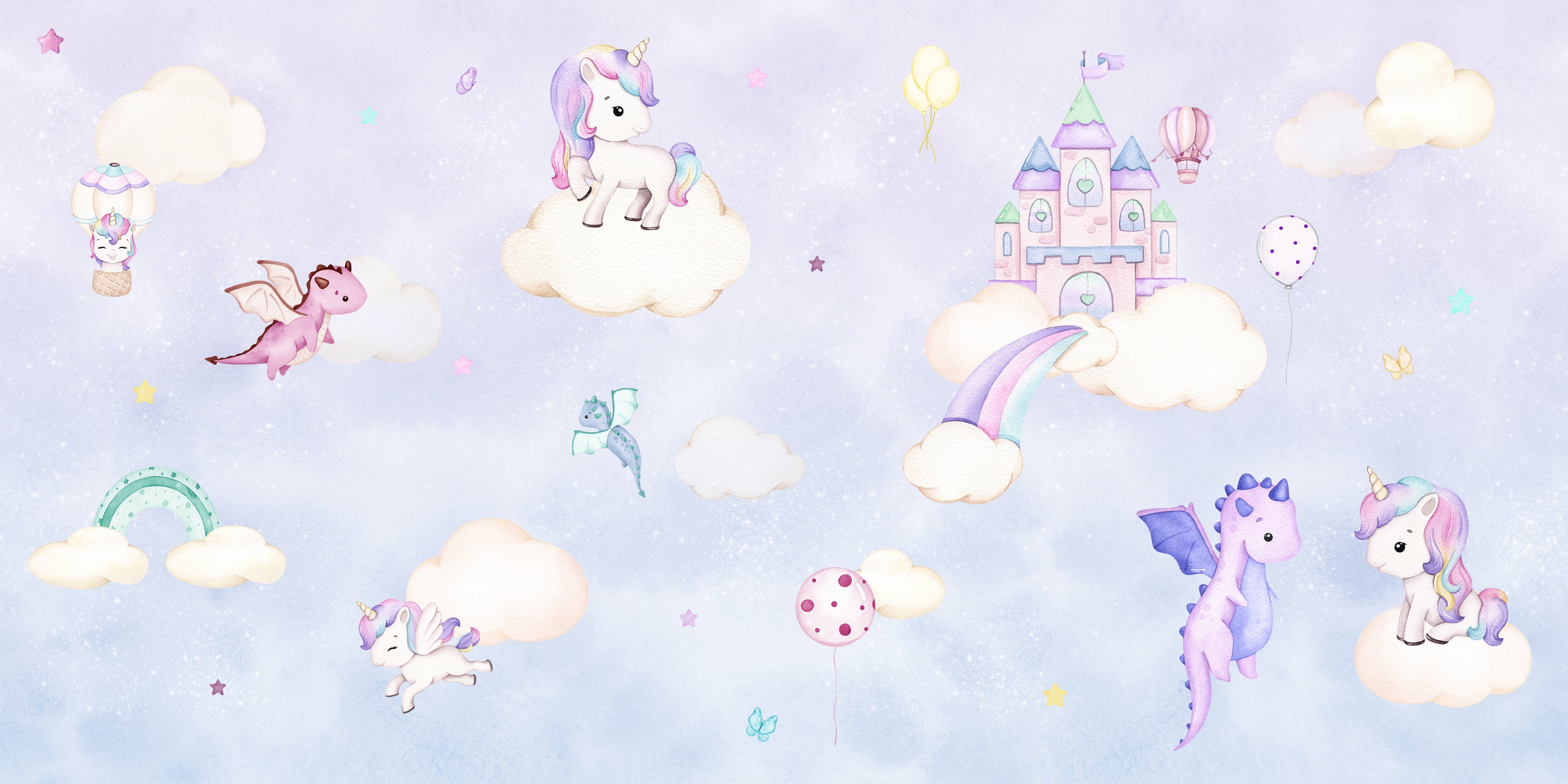 Sparkle Skies Magical Unicorn Pastel Illustration Wallpaper Mural Full Artwork