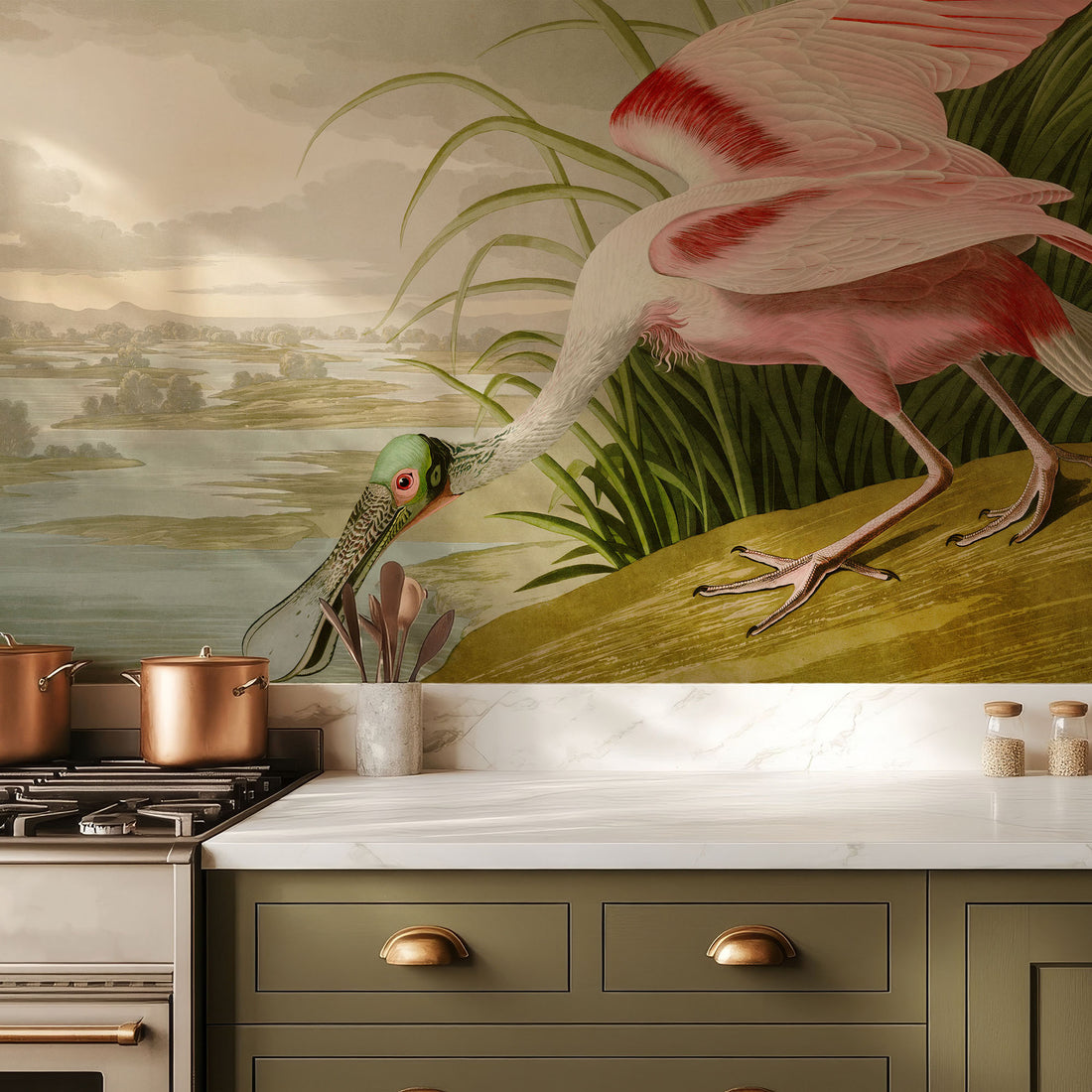 Papier Peint Panoramique Fresque Spatule Oiseau Rose Vintage - Removable Wallpaper (Peel & Stick)