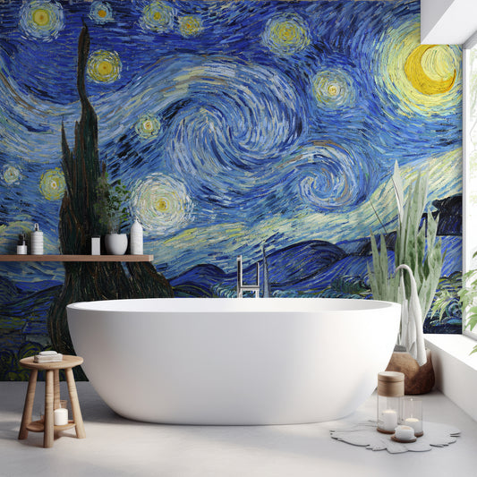 Starry Night By Van Gogh Wallpaper In Bathroom With White Bathtub And Green Plants With Wooden Stool & Candle