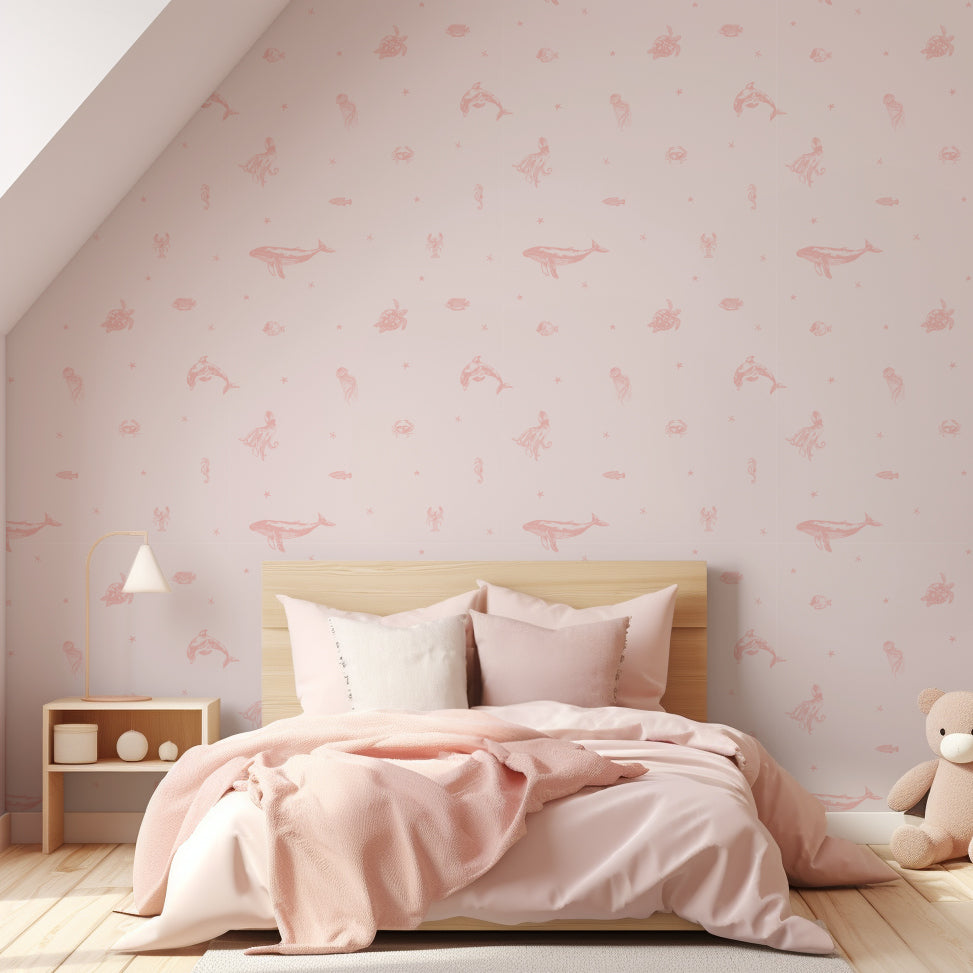 Papier peint à motif d'animaux marins roses et d'étoiles de mer - Removable Wallpaper (Peel & Stick)
