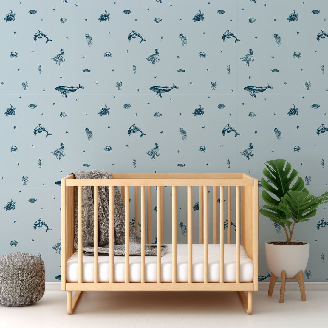 Papier peint à motif d'animaux marins et d'étoiles de mer bleu et bleu marine - Removable Wallpaper (Peel & Stick)