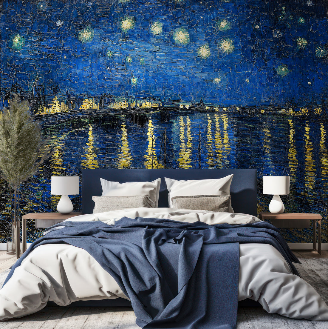 Papier peint Panoramique Peinture à l'huile de Van Gogh Représentant des Étoiles Au-dessus d'Une Rivière - Removable Vinyl (Peel & Stick)