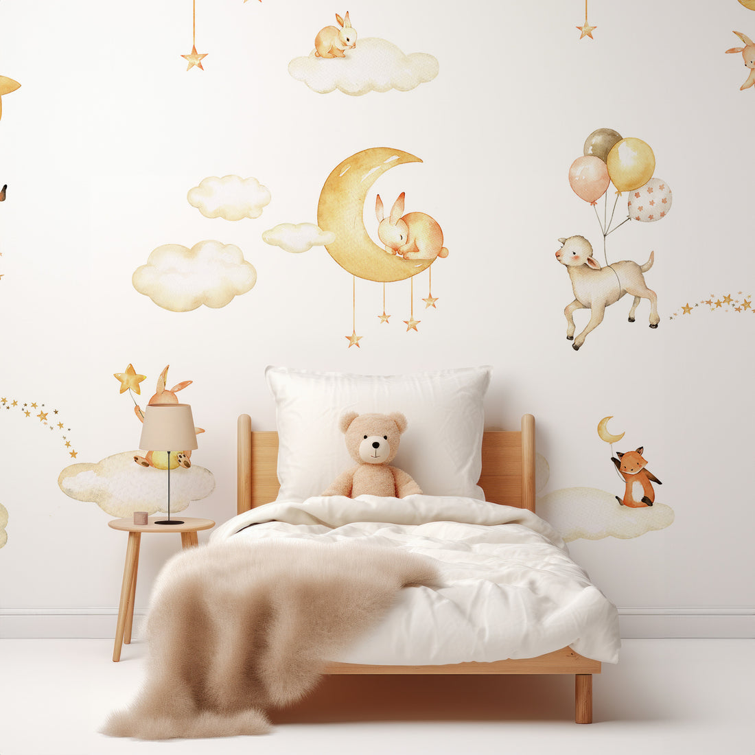 Papier Peint Fresque Illustration d'Animaux au Coucher du Ciel Blanc - Removable Vinyl (Peel & Stick)