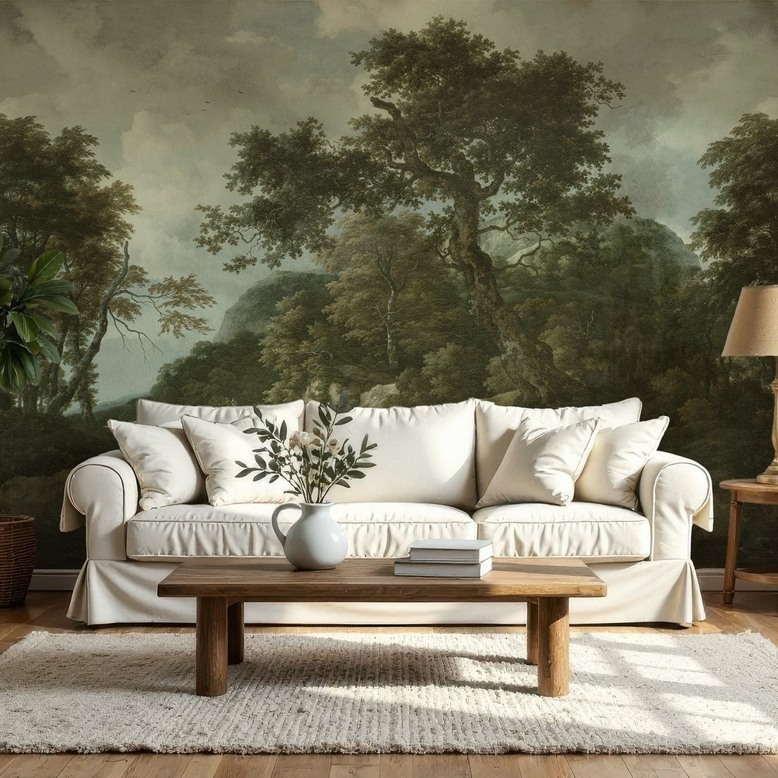 Papier peint panoramique vintage représentant un paysage de forêt et de cascade - Removable Wallpaper (Peel & Stick)