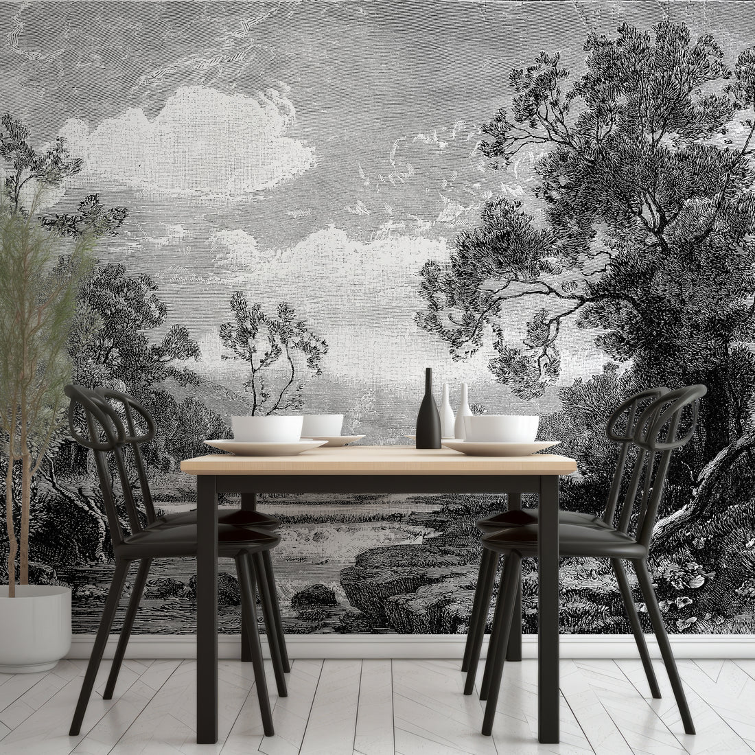 Fresque Arbre Gravé Noir et Blanc - Removable Wallpaper (Peel & Stick)