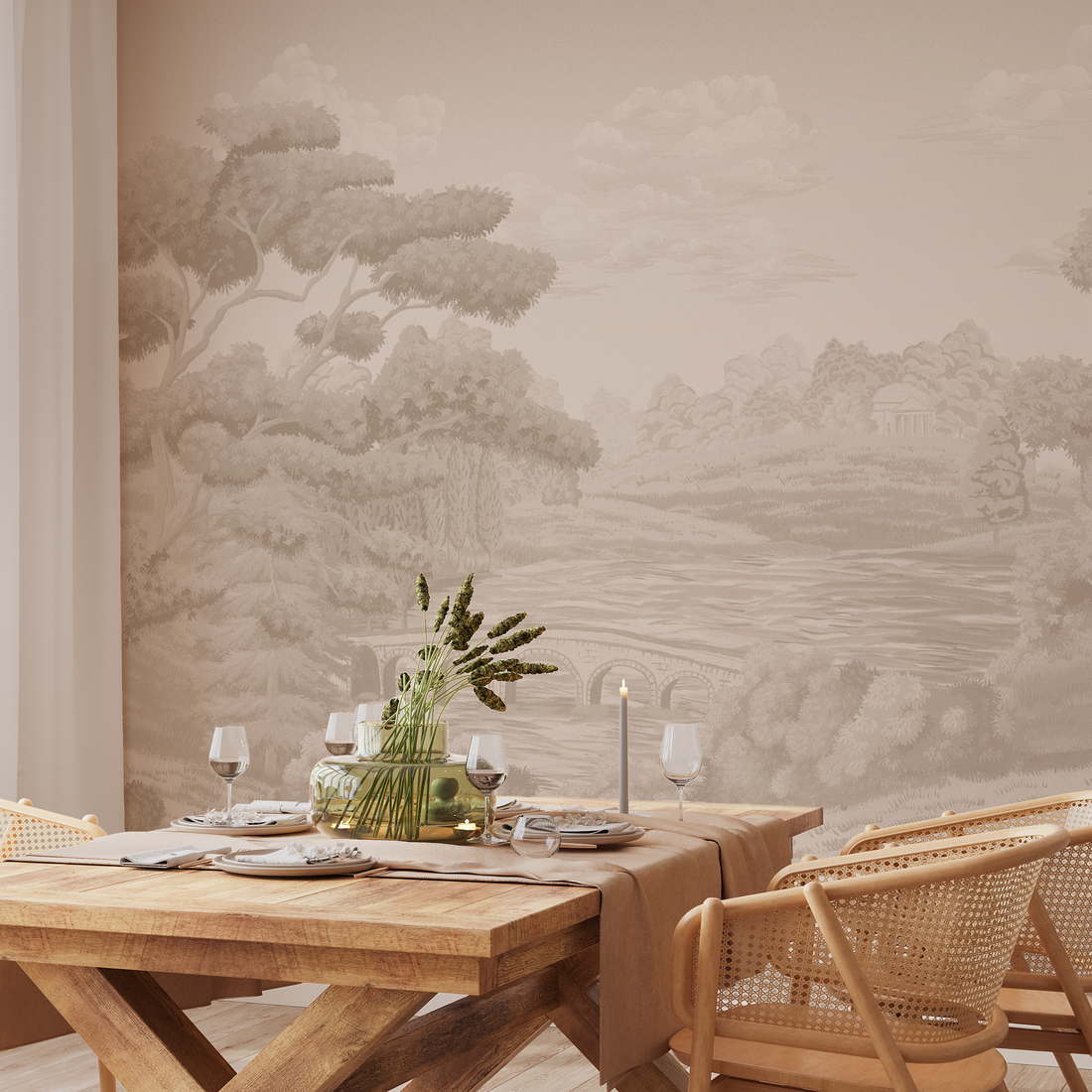 Papier peint mural élégant et neutre représentant un paysage champêtre classique - Traditional Wallpaper (Paste-the-wall)