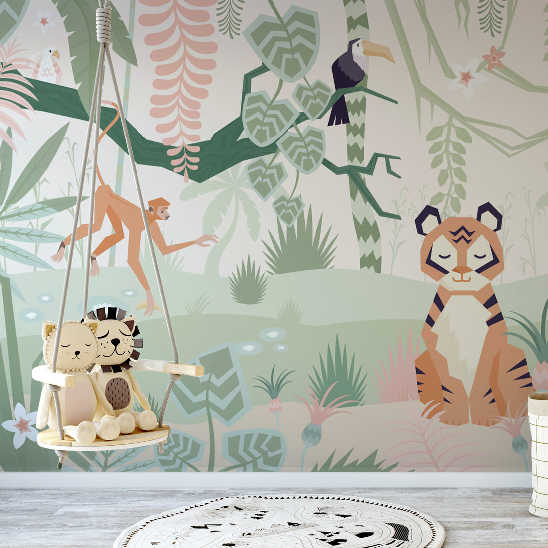 Joli Papier Peint Panoramique Tigre Jungle en Dessin Animé - Traditional Wallpaper (Paste-the-Wall)