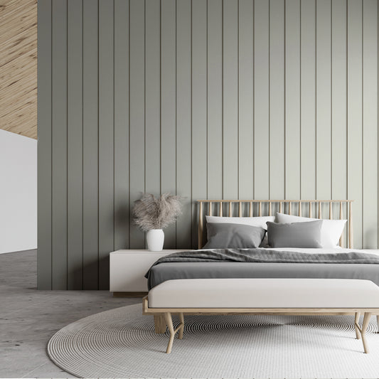 Timber Elegance Light Green In Open Bedroom With Grey Bed