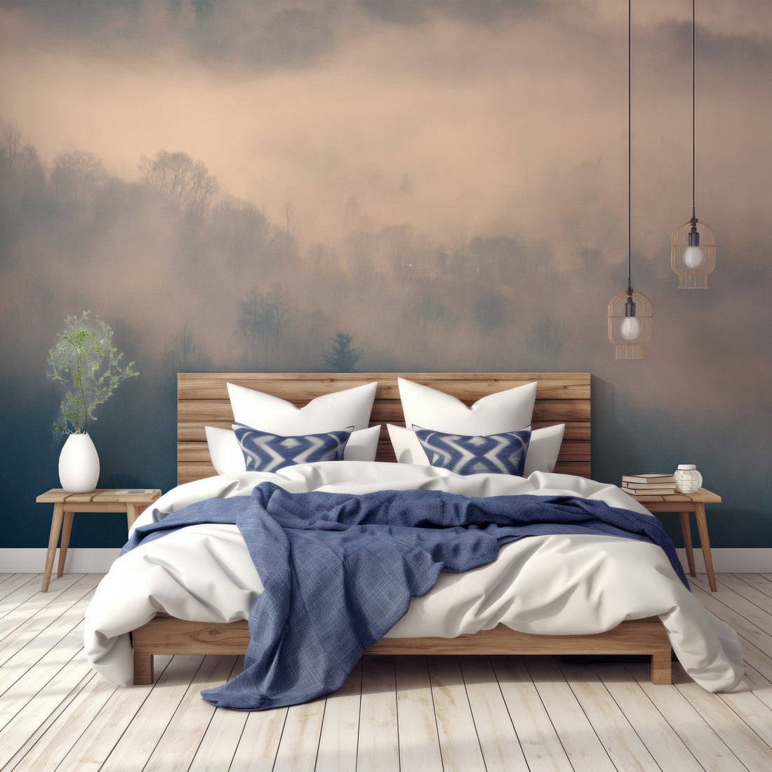 Papier Peint Panoramique Scandinave Forêt Brumeuse Bleue - Removable Vinyl (Peel & Stick)