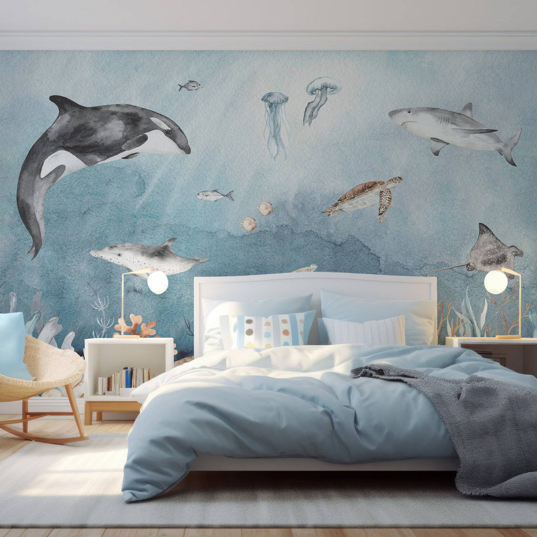 Papier peint mural pour enfants avec animaux et poissons sous-marins à l'aquarelle - Traditional Wallpaper (Paste-the-wall)