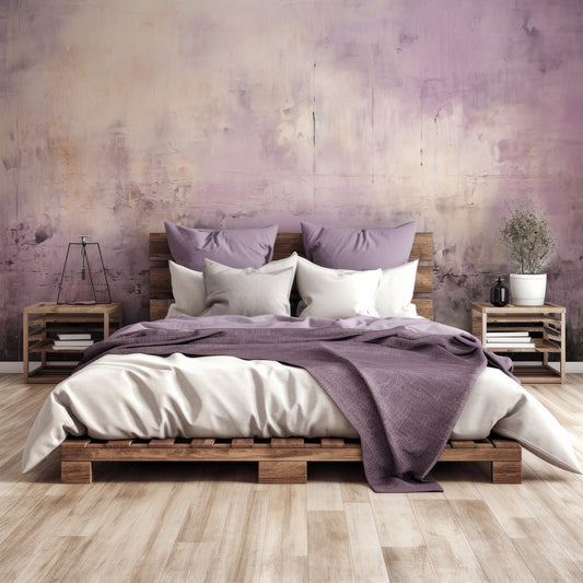 Urban Distressed Rosewood Wallpaper In Bedroom With Purple Queen Size Bedding On A Dark Wooden Bed