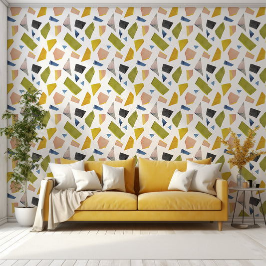 Vergo Wallpaper In Living Room With Large Mustard Yellow Sofa And Trees
