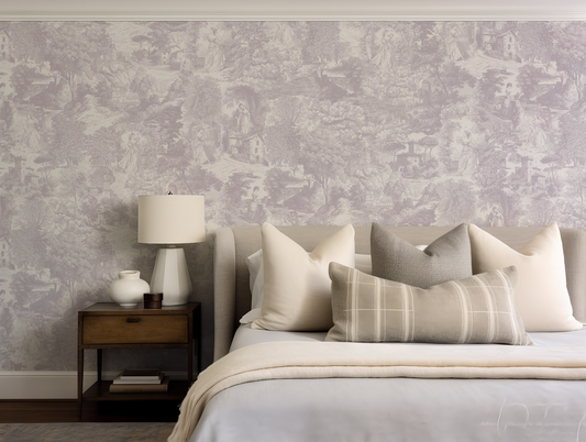 Bedroom with patterned wallpaper, bed with pillows, and nightstand with lamp.