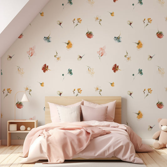 Watercolour Blossom Medley In Girl's Bedroom With Small Teddy To The Side
