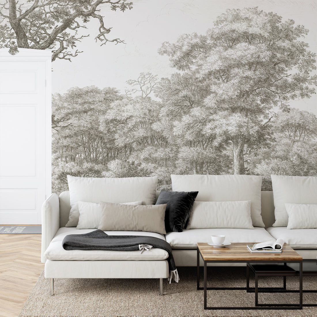 Papier Peint Panoramique Anglais Gravé Greige Campagne - Removable Wallpaper (Peel & Stick)