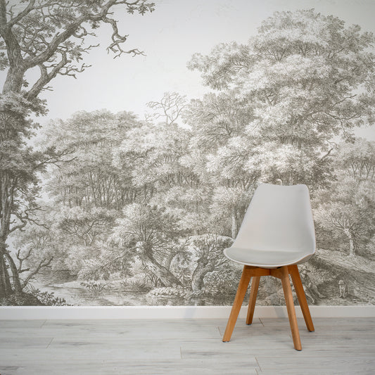 Waterloo Woods Greige Wallpaper In Room With Grey Chair