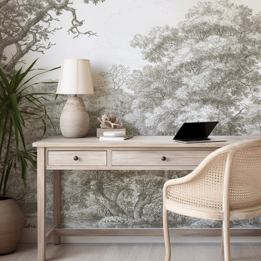 Waterloo Woods Greige in home office with lamp and plant