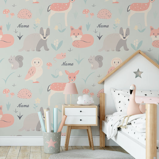 Whimsical Woodland Friends Sky in children's bedroom with star bedding on white bed with pink flamingo toy on bed