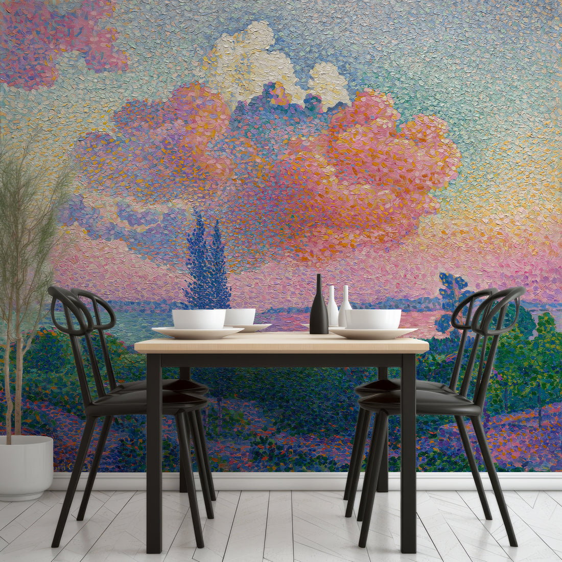 Peinture à l'huile rose de rêve avec lever de soleil papier peint panoramique - Removable Wallpaper (Peel & Stick)