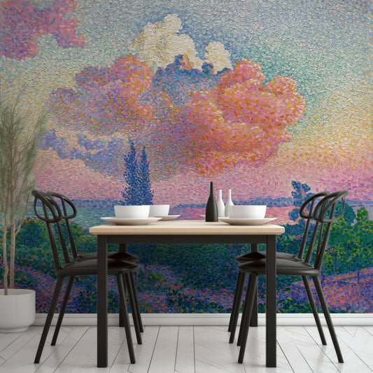 Whispers Of Dawn Wallpaper In Dining Room With Black Tables And Chairs With Wooden Table Top