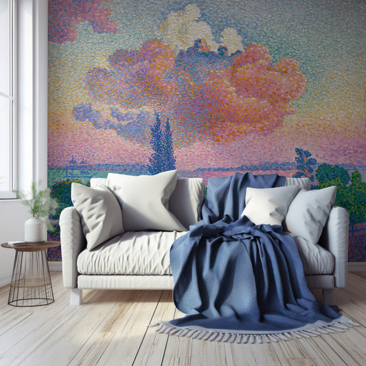 Whispers Of Dawn Wallpaper In Living Room With Wooden Floor, Windows, Plants And Large Blue Sofa