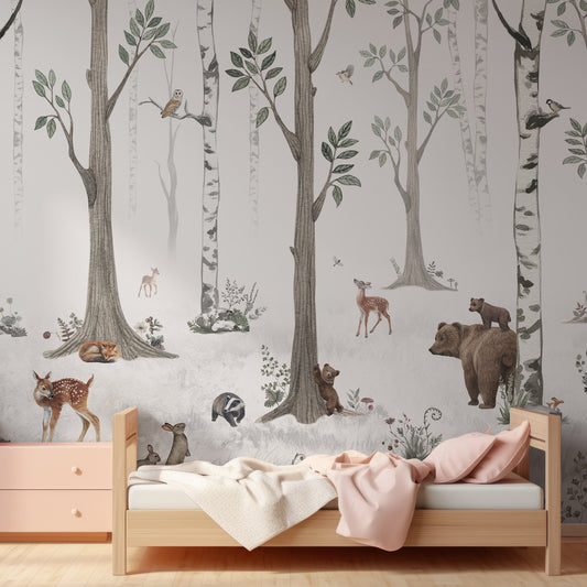 White Forest Wallpaper Mural In Small Room With Pink Single Bed With Wooden Frame And Wooden Cabinet.jpg