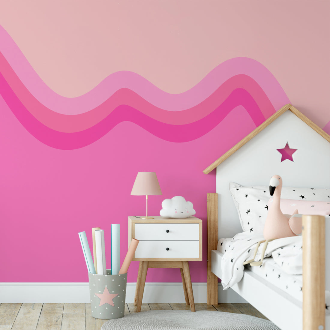 Vague Rose sur Papier Peint Panoramique Rose - Removable Vinyl (Peel & Stick)