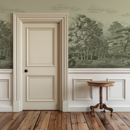 Room interior with a door, wooden table, and wall art depicting a landscape.
