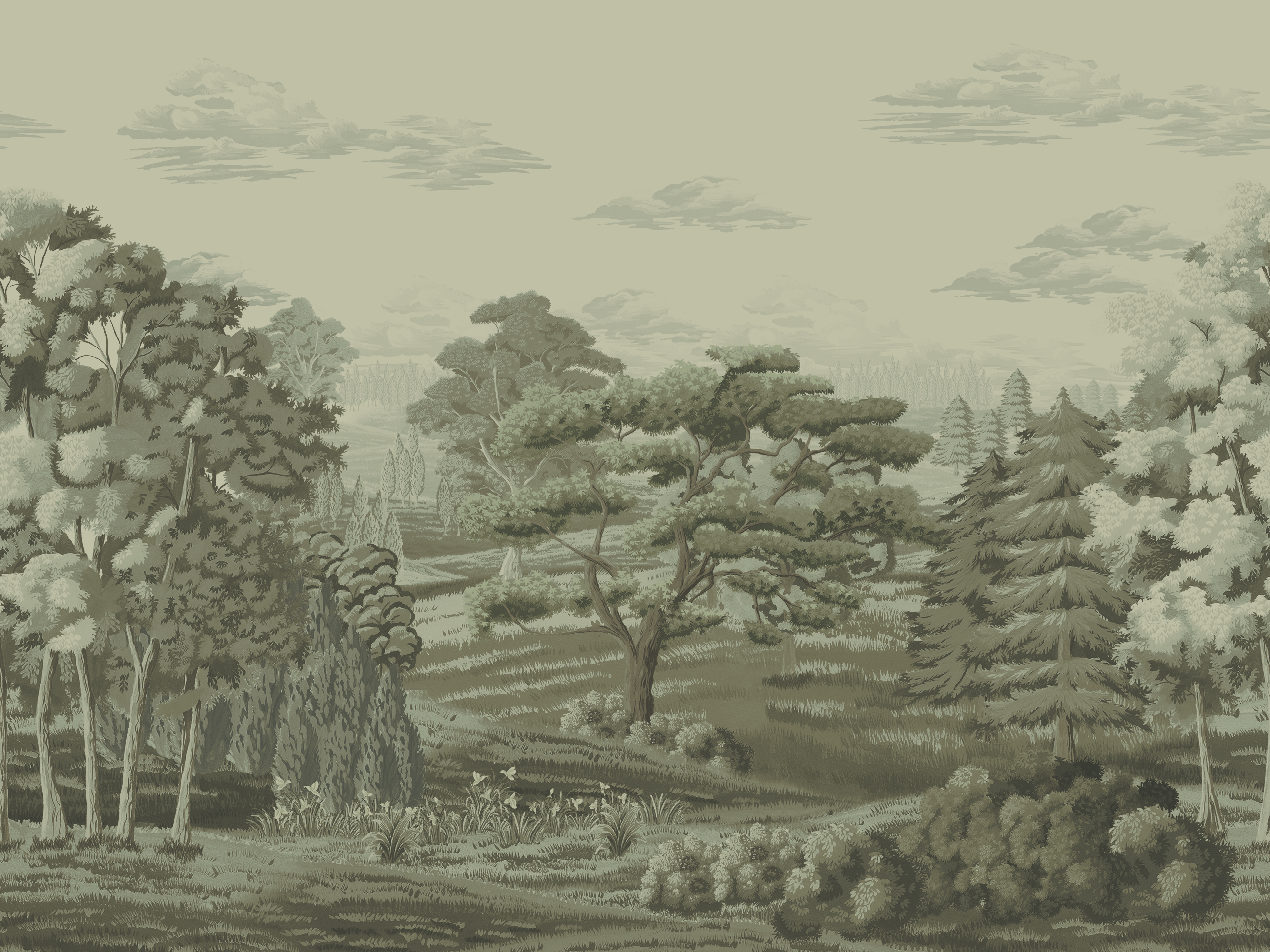 Vintage-style illustration of a forest landscape with trees and grass.