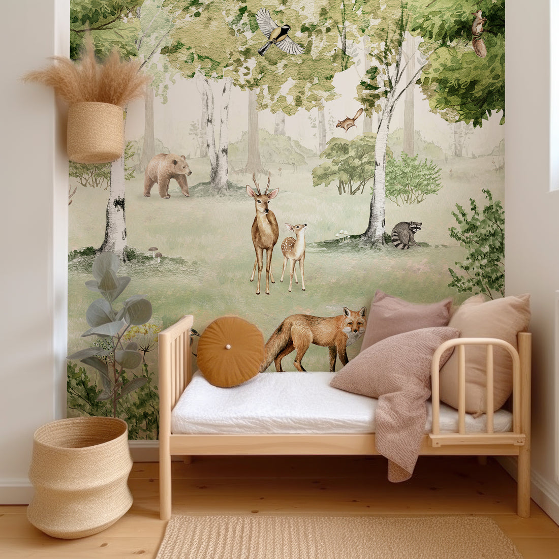Papier peint mural pour enfants sur le thème de la forêt printanière verte - Removable Vinyl (Peel & Stick)