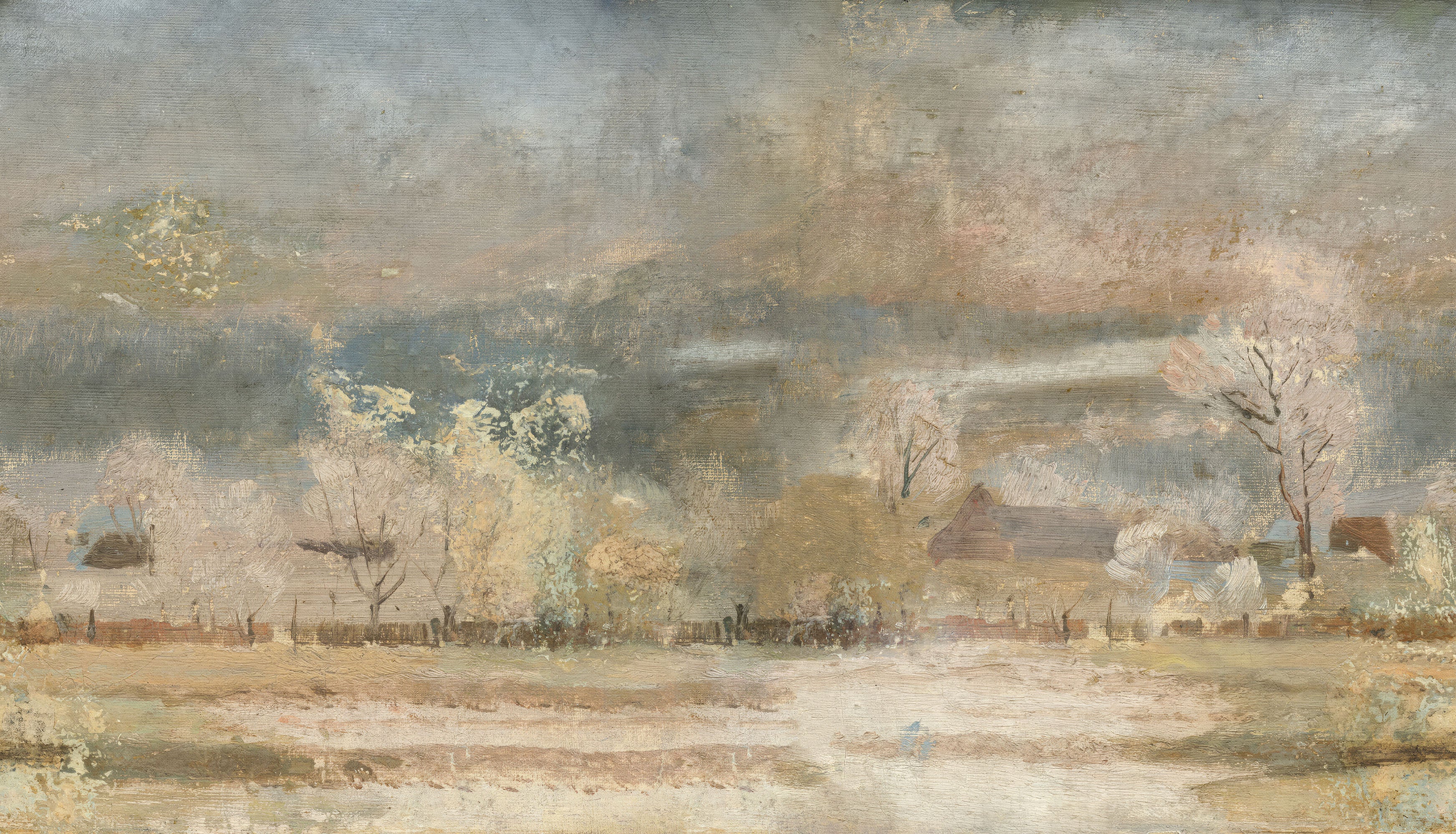 Wren - Vintage Oil Painting Winter Countryside Landscape Wallpaper Mural Full Artwork