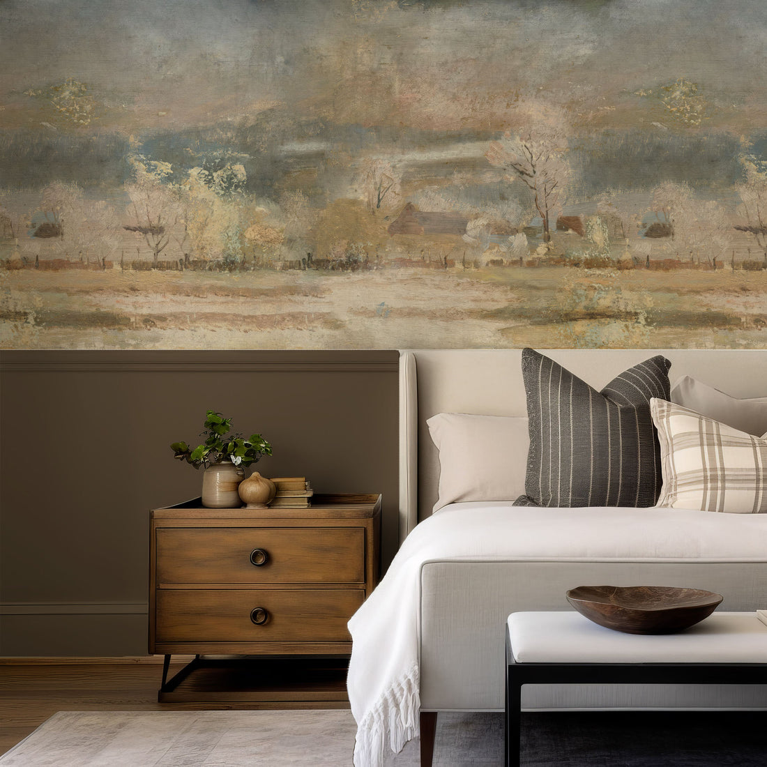 Papier peint mural vintage représentant un paysage champêtre d'hiver, peint à l'huile. - Removable Vinyl (Peel & Stick)