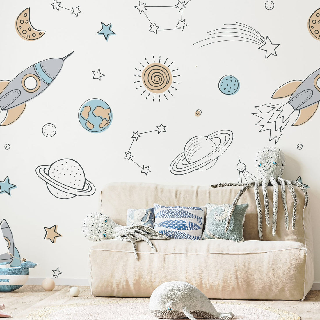 Papier Peint Panoramique Espace Galaxie Blanc pour Enfants - Removable Wallpaper (Peel & Stick)