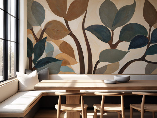 Dining room with a wall mural of stylized leaves and a wooden table.