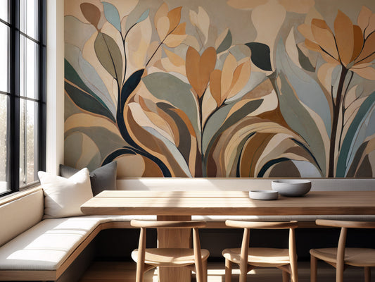 Dining area with a floral wall mural and wooden table.