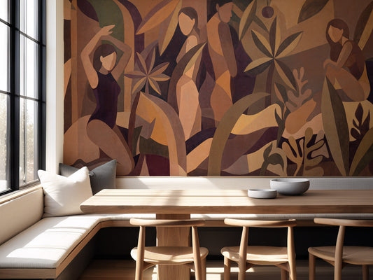 Dining area with a large abstract mural on the wall