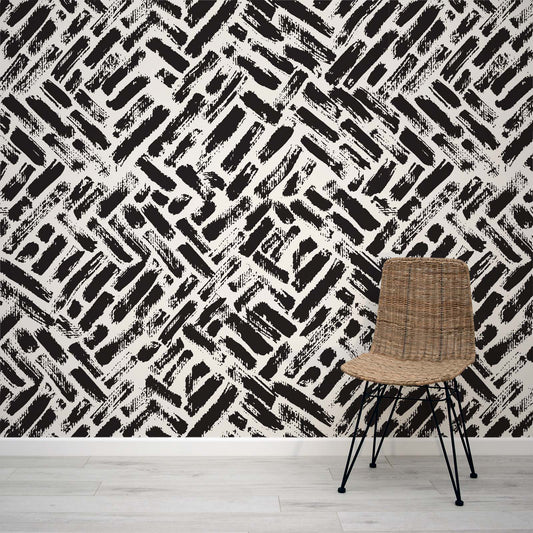 Abnus Abstract Black and Beige Angled Brick Pattern Wallpaper Mural with Rattan Chair