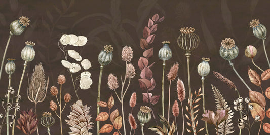 Fleurs d'Automne Marron - Papier Peint Fresque Botanique Aquarelle Marron