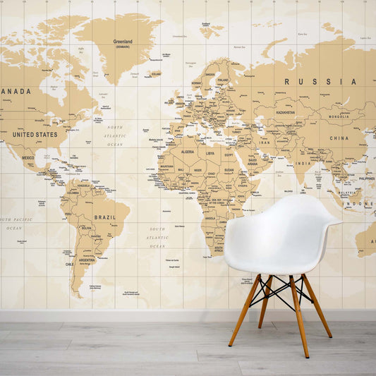 Beige World Map Wall Mural Including Countries and Cities by WallpaperMural.com