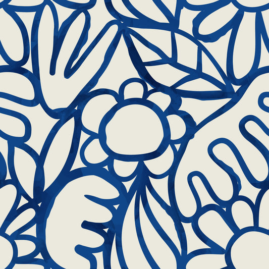 Bella - Blue & Light Beige Floral Doodle Wallpaper