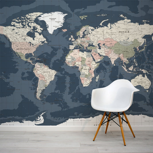 Carte du Monde Bleu Foncé - Papier Peint Fresque Carte du Monde Vintage Sombre