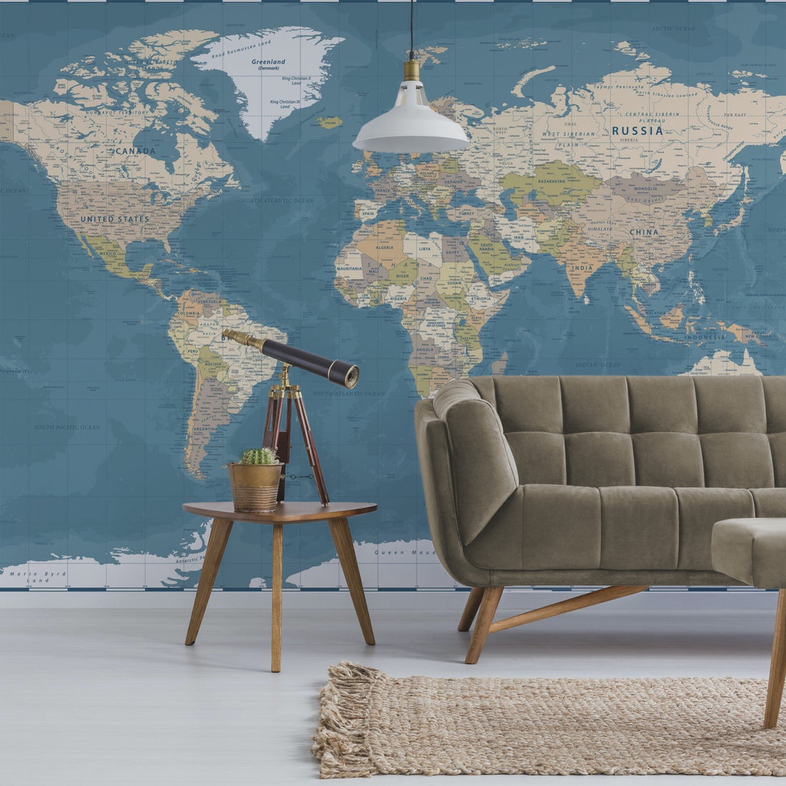 Papier Peint Fresque Carte du Monde Bleue Vintage - Removable Vinyl (Peel & Stick)