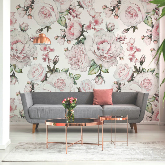 Bonica wallpaper mural with a settee and table in front | WallpaperMural.com