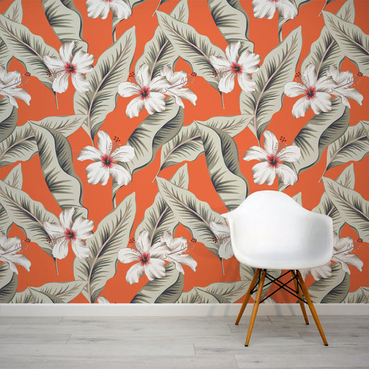 Bottlic - Hibiscus on Orange Wallpaper Mural