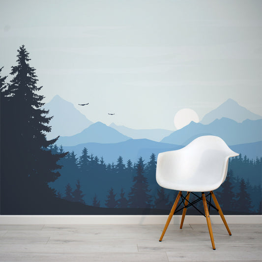 Brairy - Papier Peint Panoramique Forêt Bleue et Montagnes Lointaines