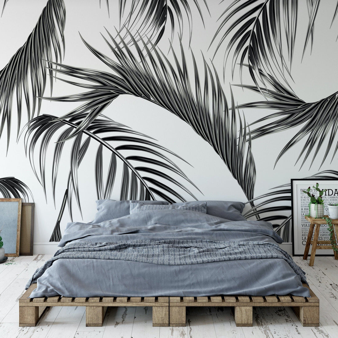 Papier Peint Fresque Feuille de Palmier Tropical Scandinave Noir et Gris - Removable Wallpaper (Peel & Stick)