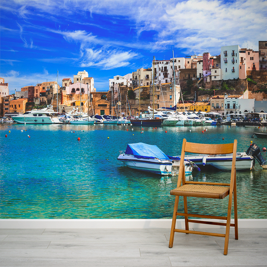 Sunny Mediterranean Harbour Scene Castello Wallpaper Mural with Folding Chair